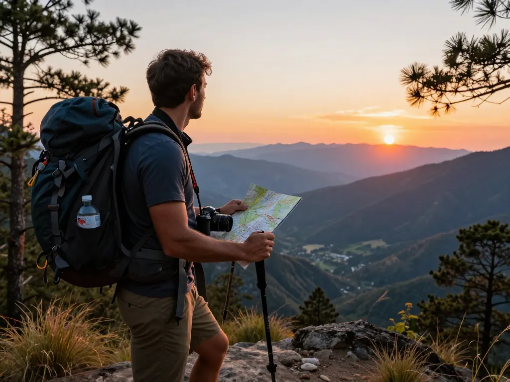 Traveler at stunning mountain viewpoint with Fly88 gear during sunset, capturing the spirit of adventure.