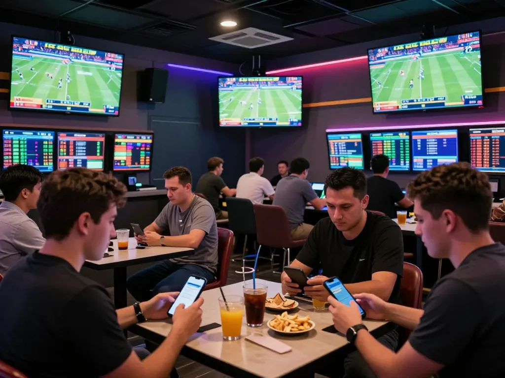 Engaging sports bettors analyzing odds and placing bets, focusing on ty le keo nha cai in an energetic betting lounge atmosphere