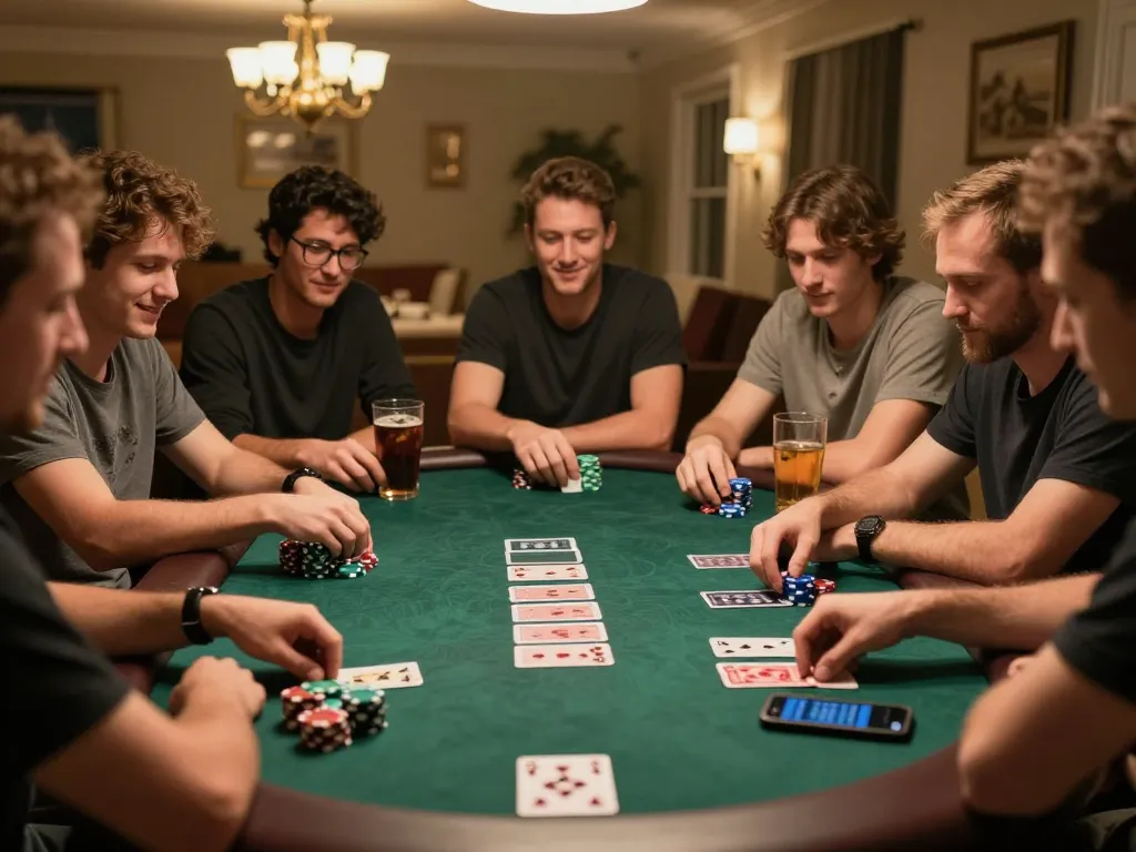 Friends enjoying a lively poker game at home while using the jewanced betting app for real-time strategies and interactions.