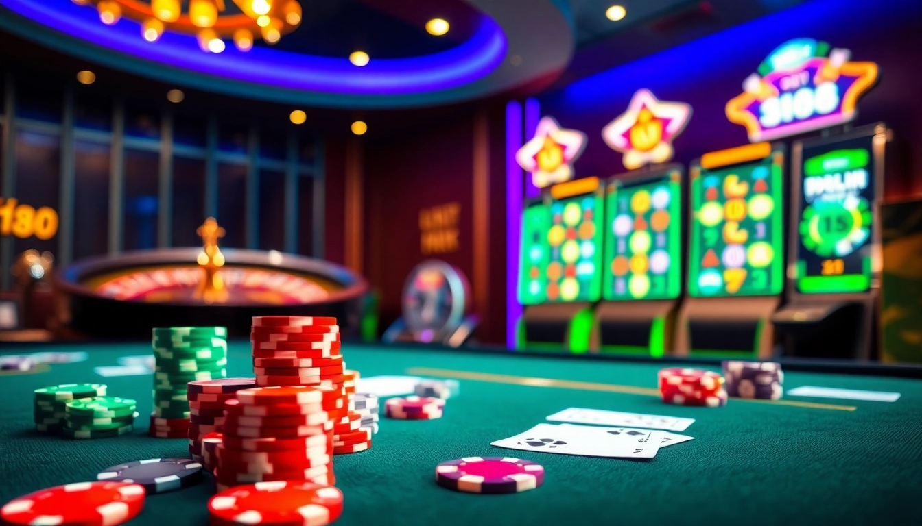 Engage in a vibrant casino atmosphere with gi88, featuring poker chips and a roulette wheel.