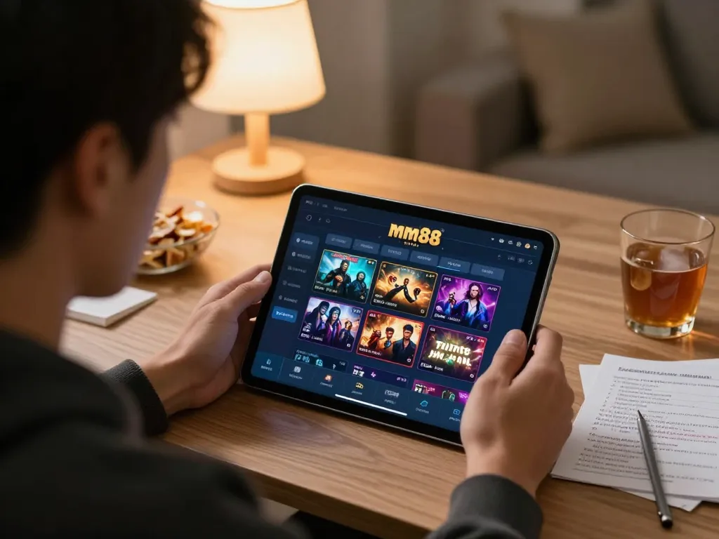 Engaged player using mm88 vin app on tablet to strategize online gambling