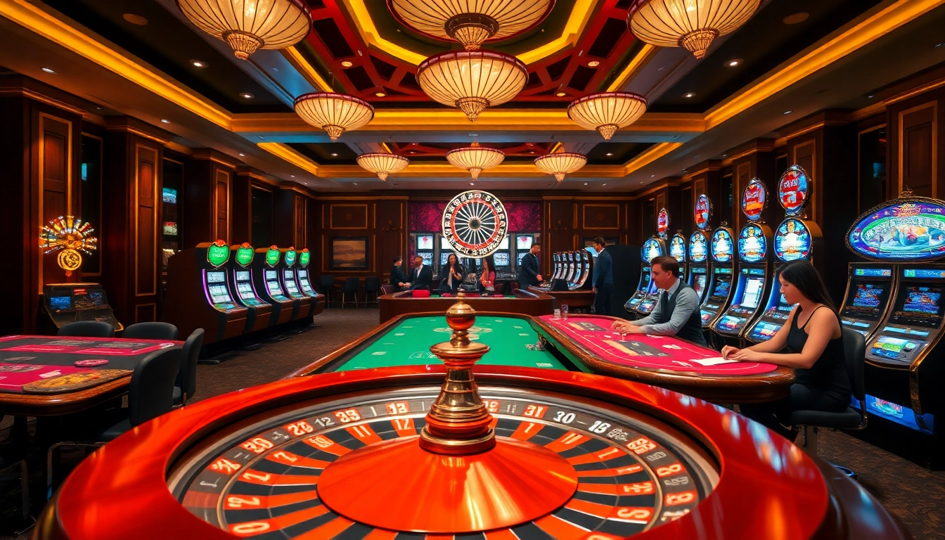 Engaged gamblers enjoying high-stakes action at luck8 vip casino with vibrant roulette wheels and slot machines.
