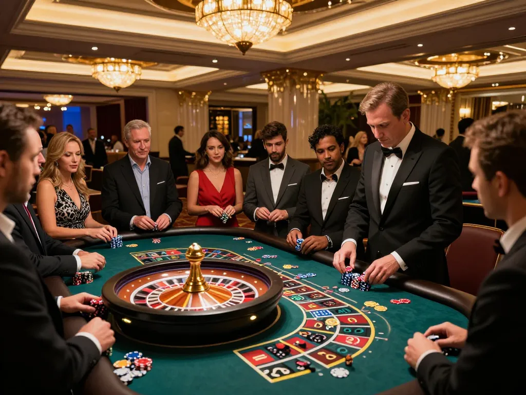 Players at a roulette table in a vibrant casino setting, engaging in a strategic mb66 betting experience