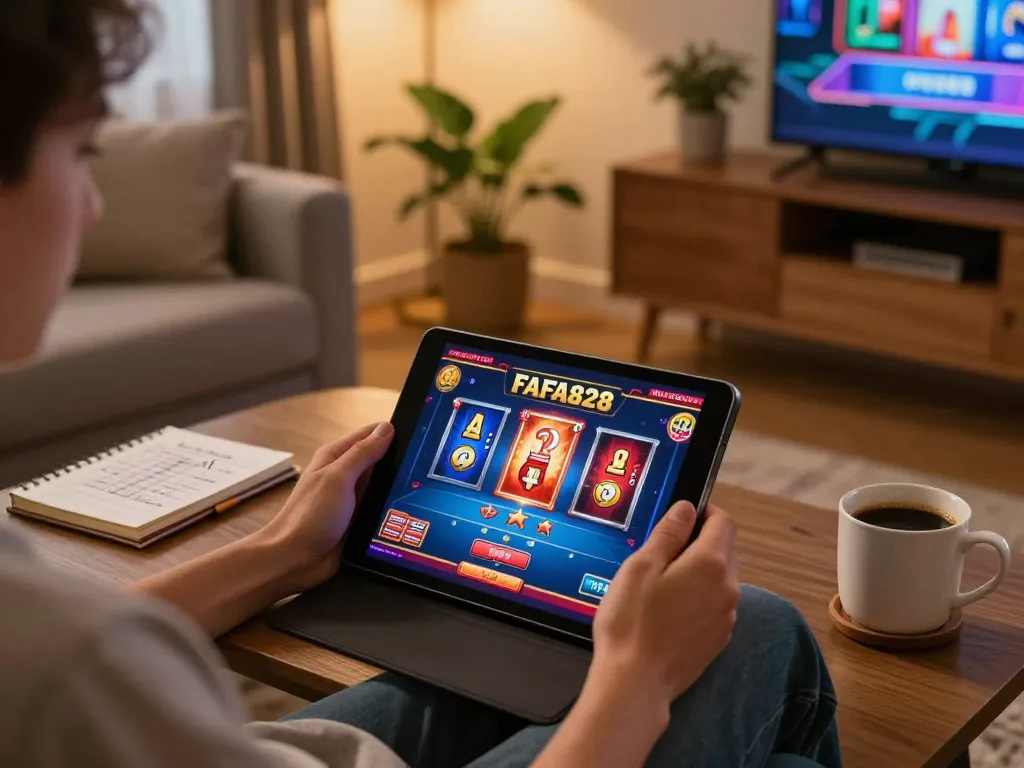 Engaging scene of a player enjoying FAFA828 on tablet, showcasing dynamic online casino graphics.