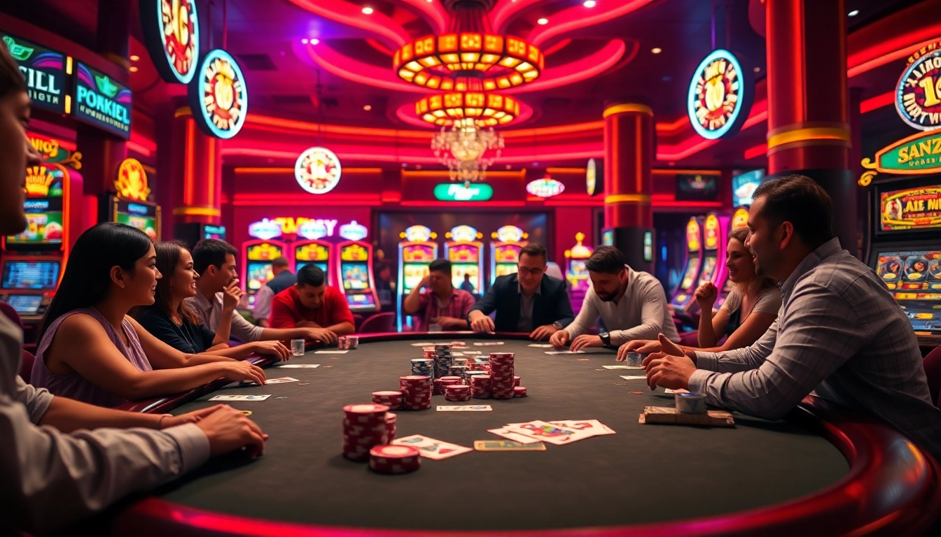 Exciting scene of players at a poker table highlighting the thrill of Diwa 777 in a vibrant casino.
