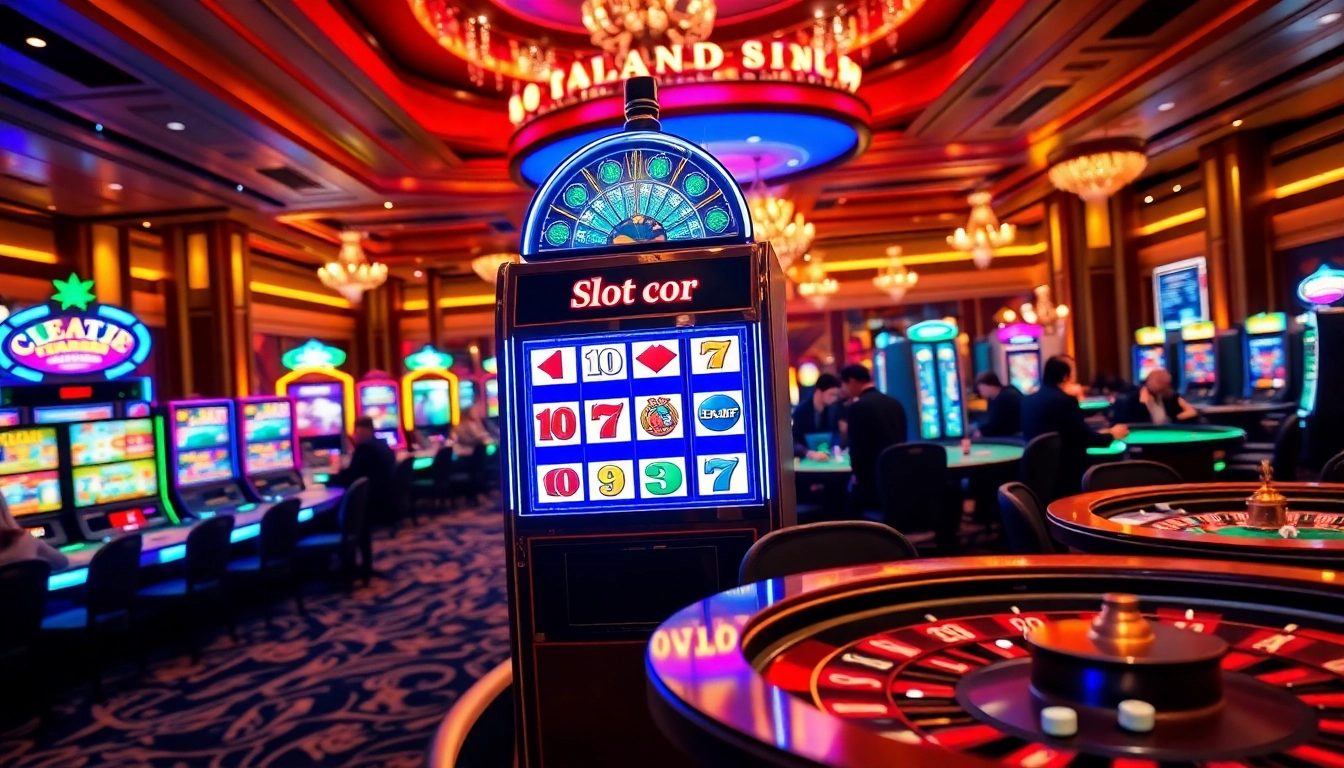 Players enjoying the Slot gacor machine in an elegant casino setting, surrounded by poker chips and roulette wheels.