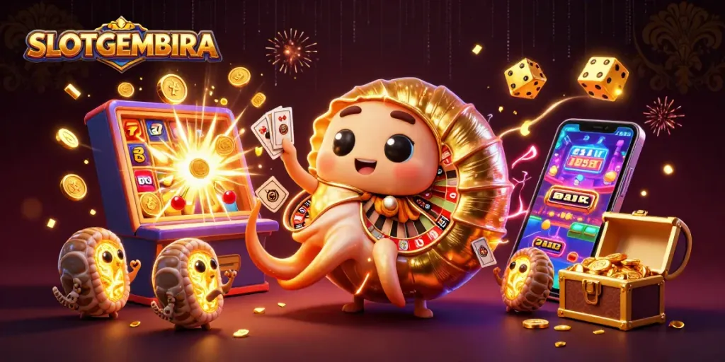 SLOTGEMBIRA showcases vibrant casino action with a giant nautilus holding cards amidst a jackpot explosion.
