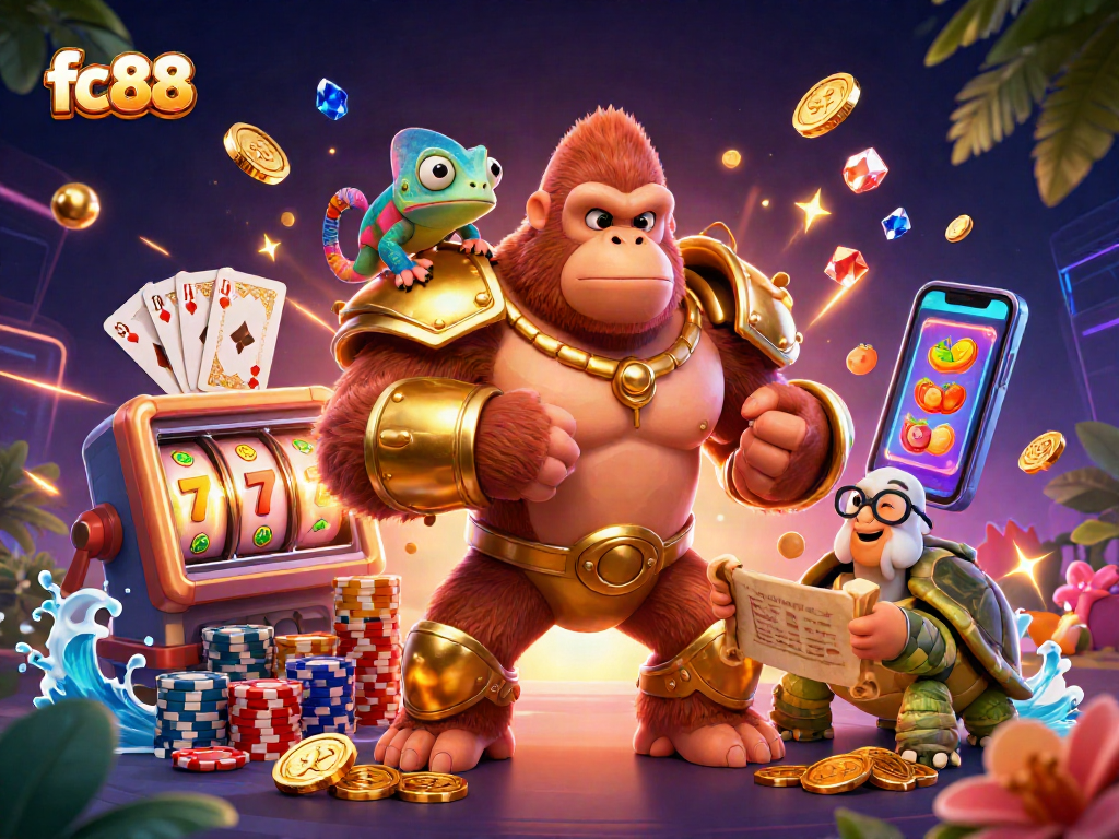 fc88 khám phá cảnh trò chơi hấp dẫn với gorilla, tắc kè và rùa cầm cuộn sổ.