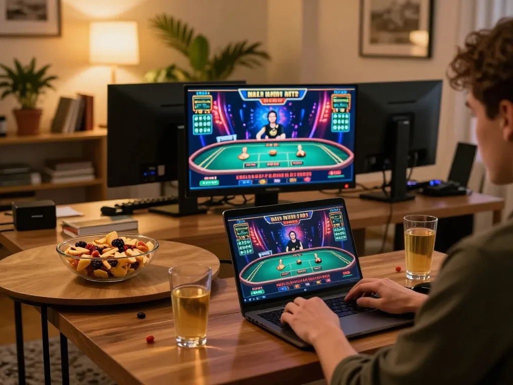 Player engaged in non UK casino gaming on a laptop at home, showcasing a comfortable gaming environment.