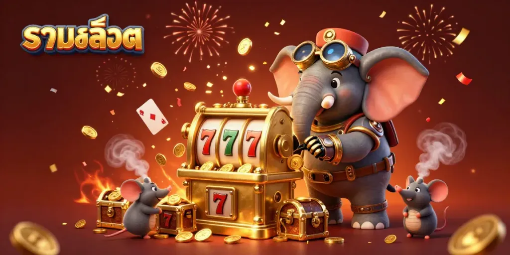 Experience exciting รวมสล็อต action with vibrant 3D elephant engineer at a golden slot machine, surrounded by coins and festive elements.