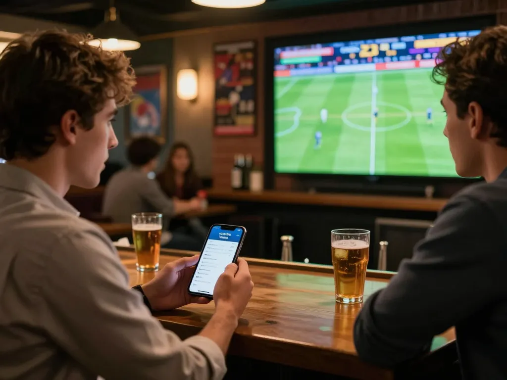 Using the Livechat 7meter app, a sports bettor engages with friends while watching a live football game.