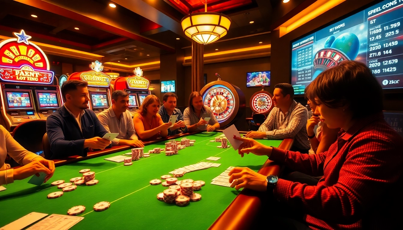 Players enjoying exciting games at Goal123 casino with vibrant tables and slot machines.