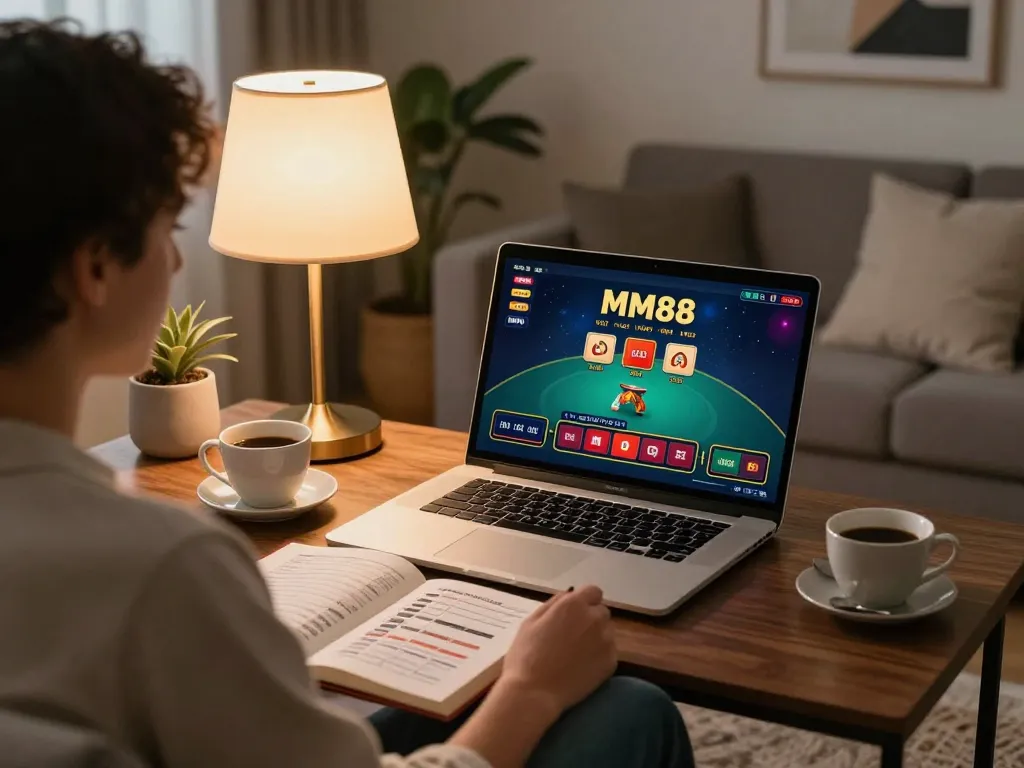 Engaging online gambling session on MM88, highlighting a player's interaction with a live dealer game from a stylish home.