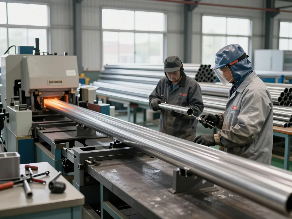 Workers manufacturing Sumwin stainless steel pipes in a bright industrial workshop.