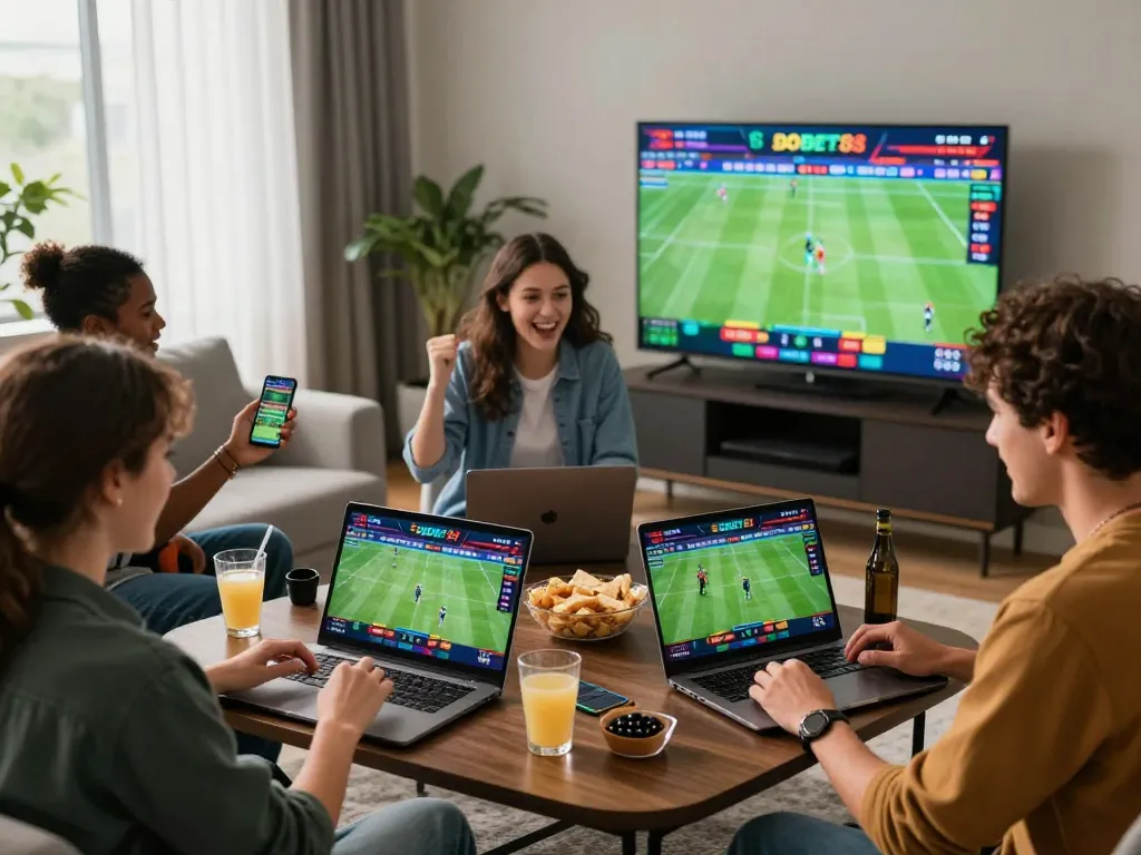 Friends enjoying an exciting SBOBET88 betting experience at home, celebrating wins during live sports events.