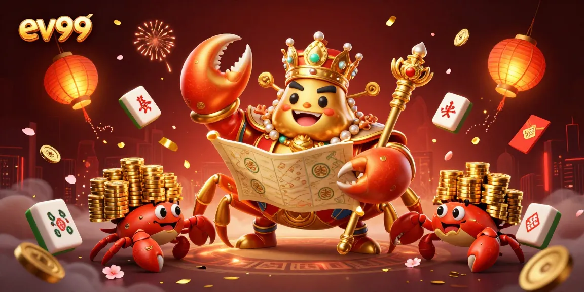 Join the golden crab emperor and his hermit crab servants at ev99's vibrant gaming scene.