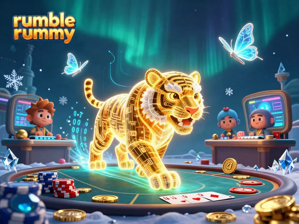 Witness the vibrant rumble rummy scene with a glowing tiger and dynamic poker visuals.