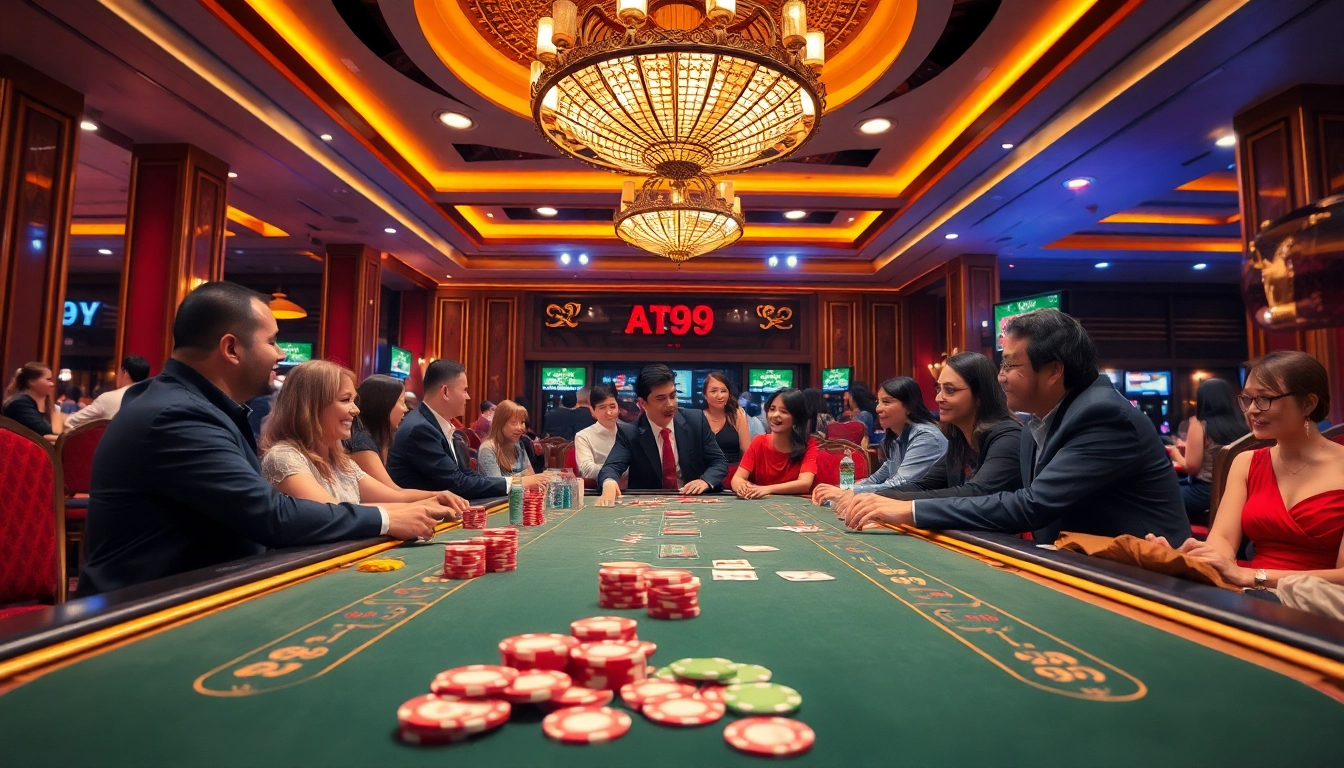 Engage with the vibrant atmosphere of AT99娛樂城 filled with players at a casino table.