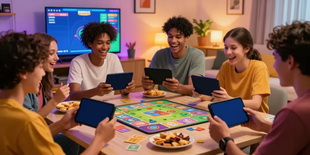 Exciting friends playing Rumble Rummy on mobile in a cozy living room