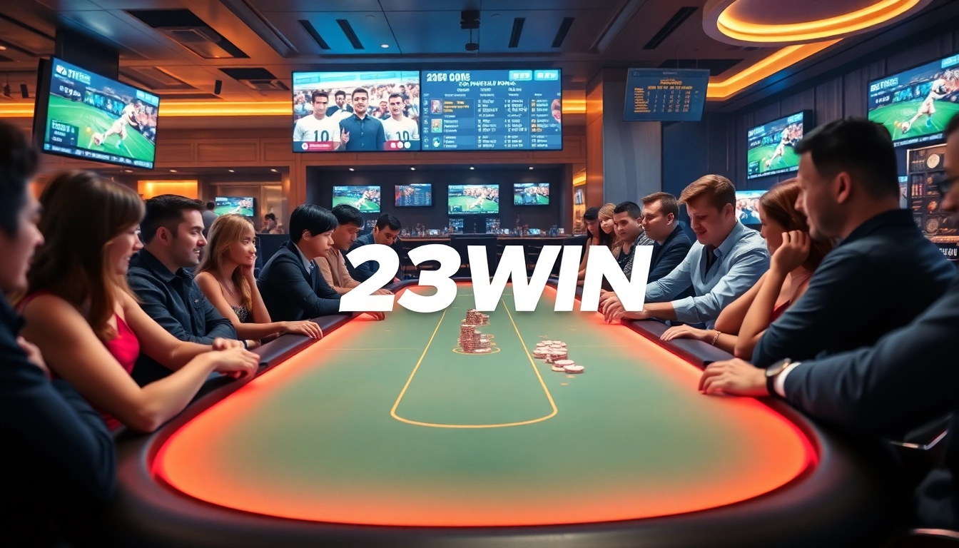 Experience the excitement of 23win's online casino with vibrant gaming scenes and elegant interiors.