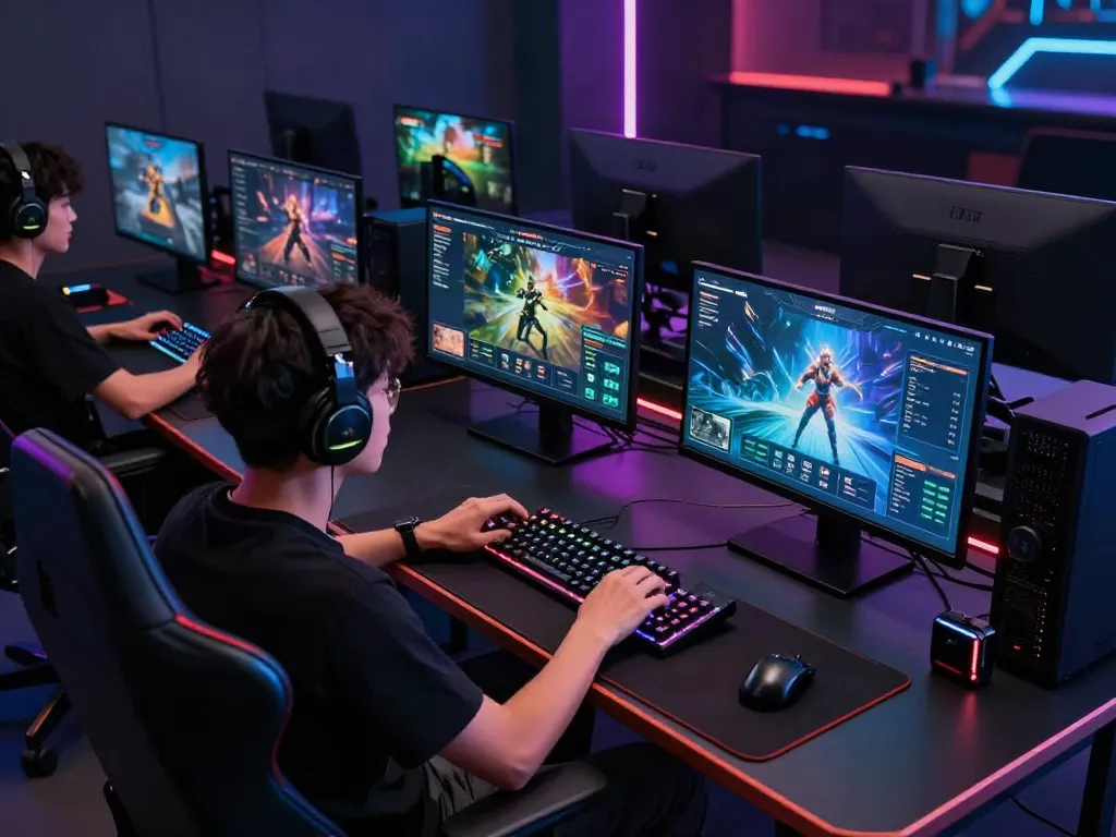 Player engaged in akunjp online gaming with multiple screens showcasing exciting game statistics.