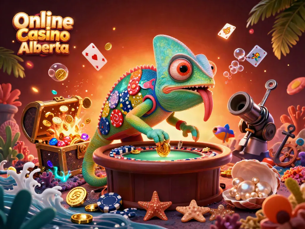 Experience the vibrant scene of Online Casino Alberta with a colorful chameleon character and dynamic game elements.