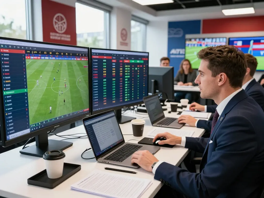 Analysis of Tỷ lệ kèo malaysia in a modern sports betting studio with screens displaying match statistics.