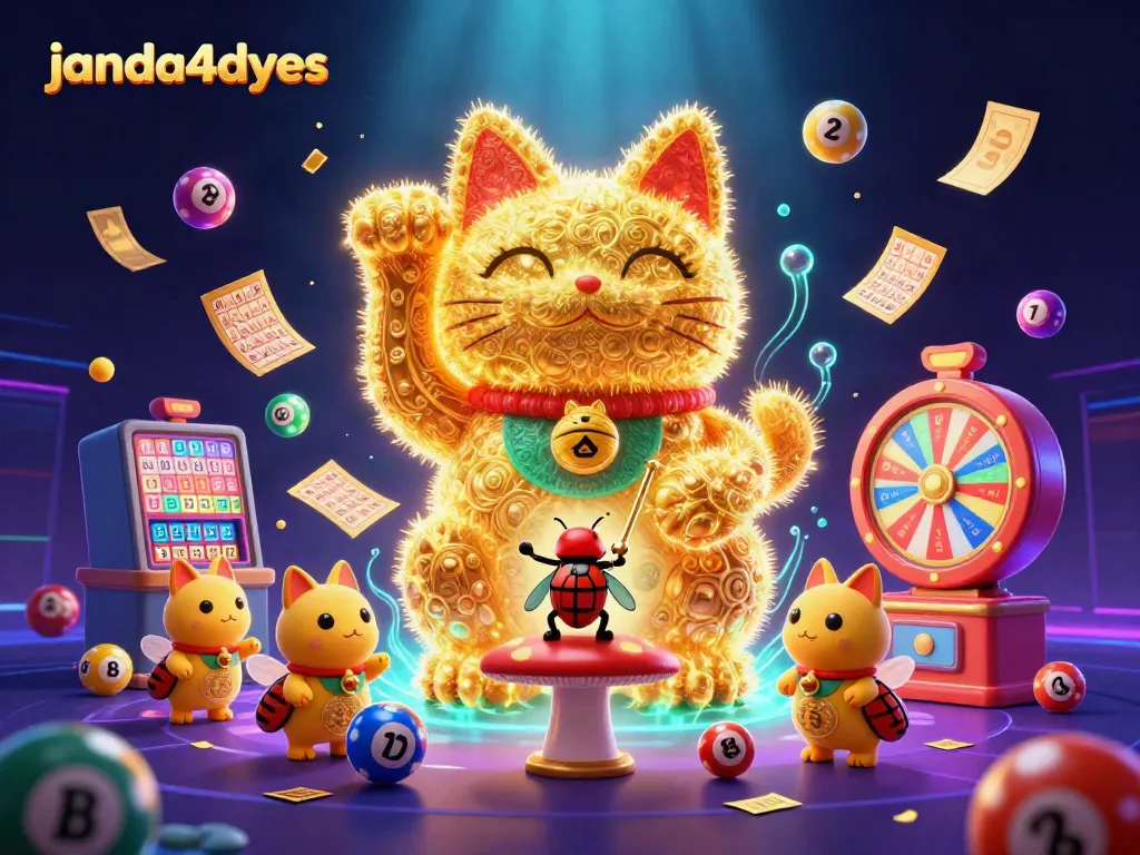 Menangkan permainan dengan janda4dyes dalam ilustrasi 3D kucing keberuntungan dan bola lotere.