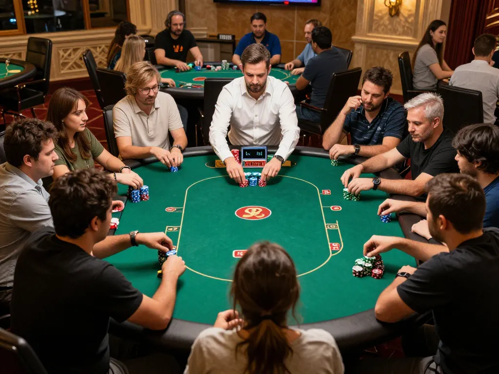 Players engage in strategic poker gameplay at 99ok's upscale casino, intense atmosphere.