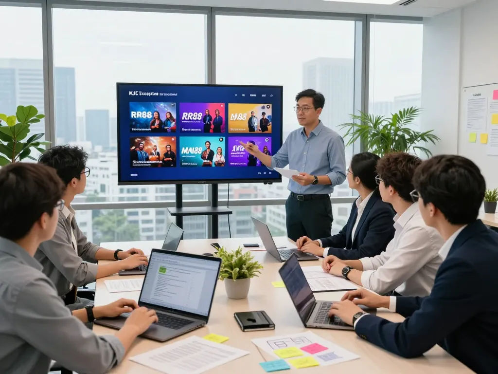 KJC team collaborating on innovative entertainment solutions in a modern office.