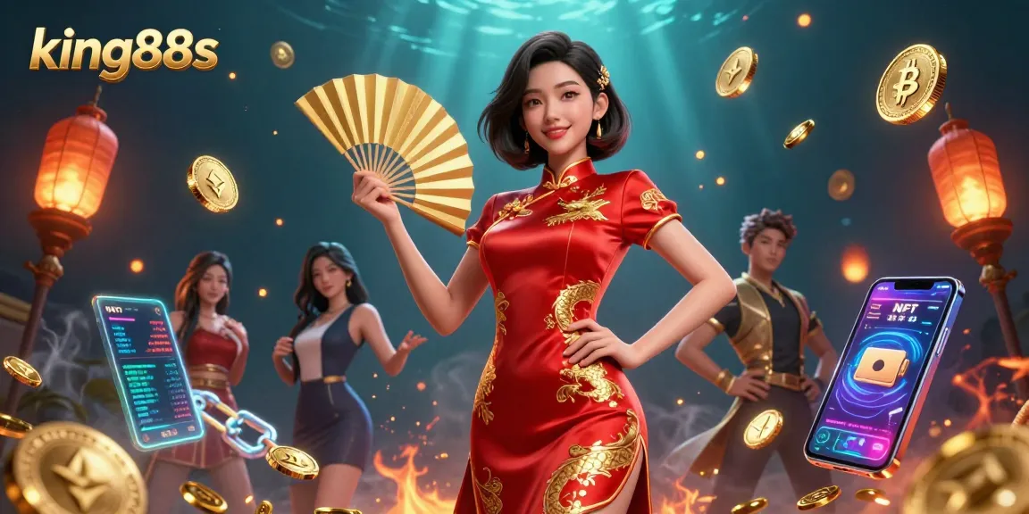 Join the thrilling action at king88s with a radiant Asian woman in a striking qipao, surrounded by crypto symbols, celebrating winnings.