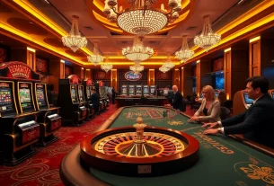 Players enjoying an exciting gaming session at juragan77 casino with slot machines and roulette wheels.