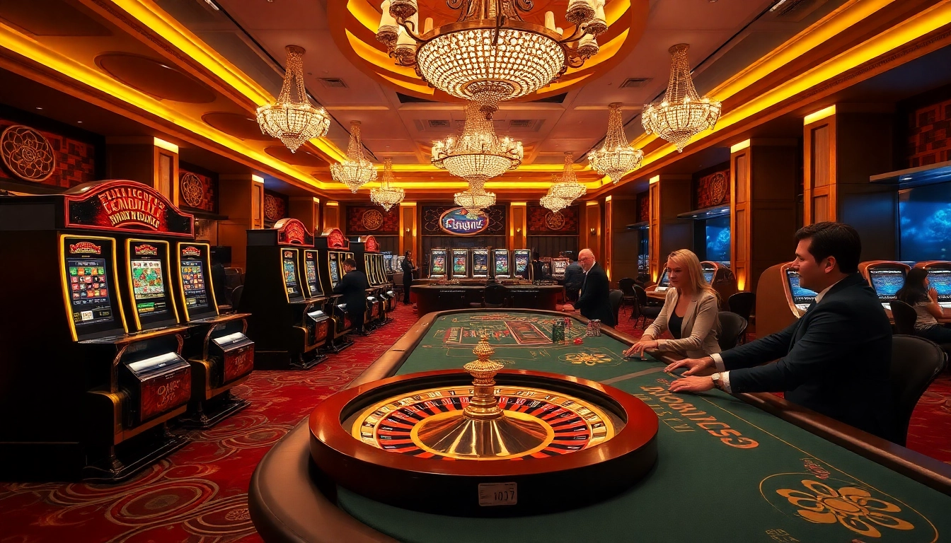 Players enjoying an exciting gaming session at juragan77 casino with slot machines and roulette wheels.