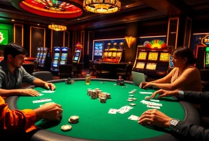 Exciting poker scene at a casino with players betting big on Rikvip's top games