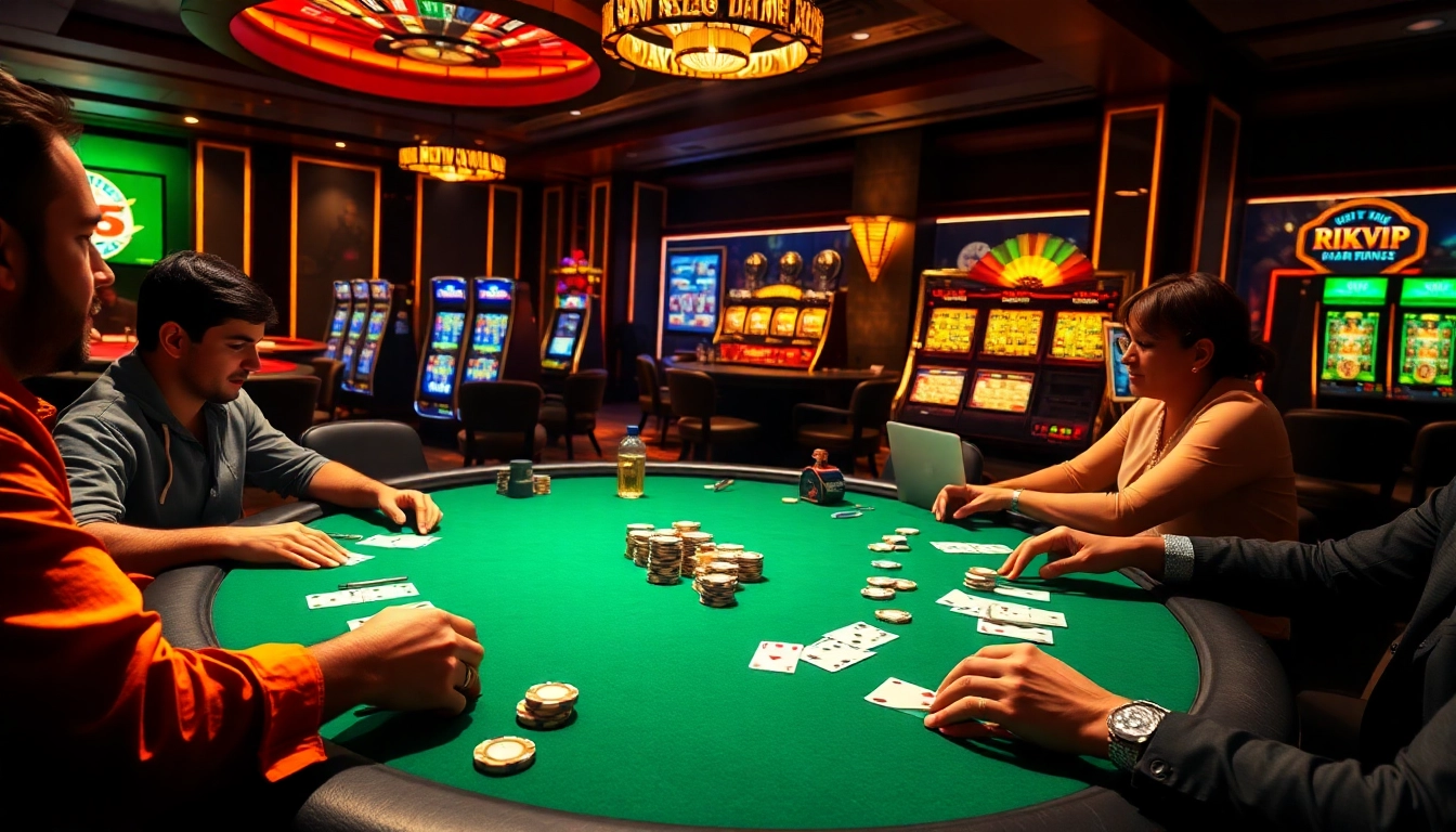 Exciting poker scene at a casino with players betting big on Rikvip's top games