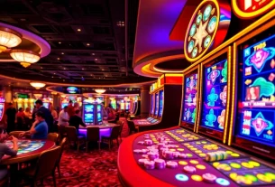 Engage with the thrilling demo slot experience in a vibrant casino setting with lively players.