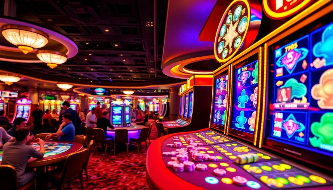 Engage with the thrilling demo slot experience in a vibrant casino setting with lively players.
