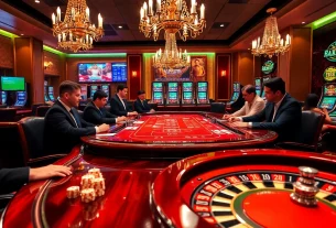Players enjoying high-stakes poker at a luxurious Rikvip casino table, surrounded by vibrant gaming elements.