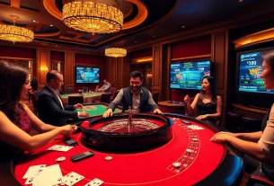 Experience the excitement of nhà cái uk88 as players engage at a luxurious casino table with a live dealer.