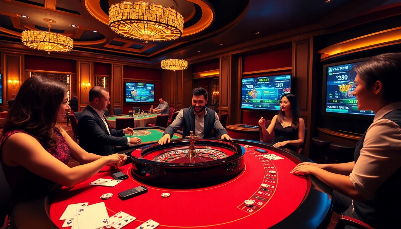 Experience the excitement of nhà cái uk88 as players engage at a luxurious casino table with a live dealer.
