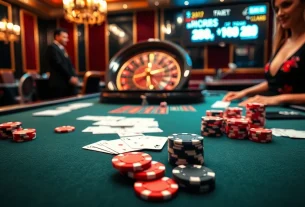 Engaging scene of a poker table featuring kèo nhà cái odds with vibrant visuals of poker chips and cards.