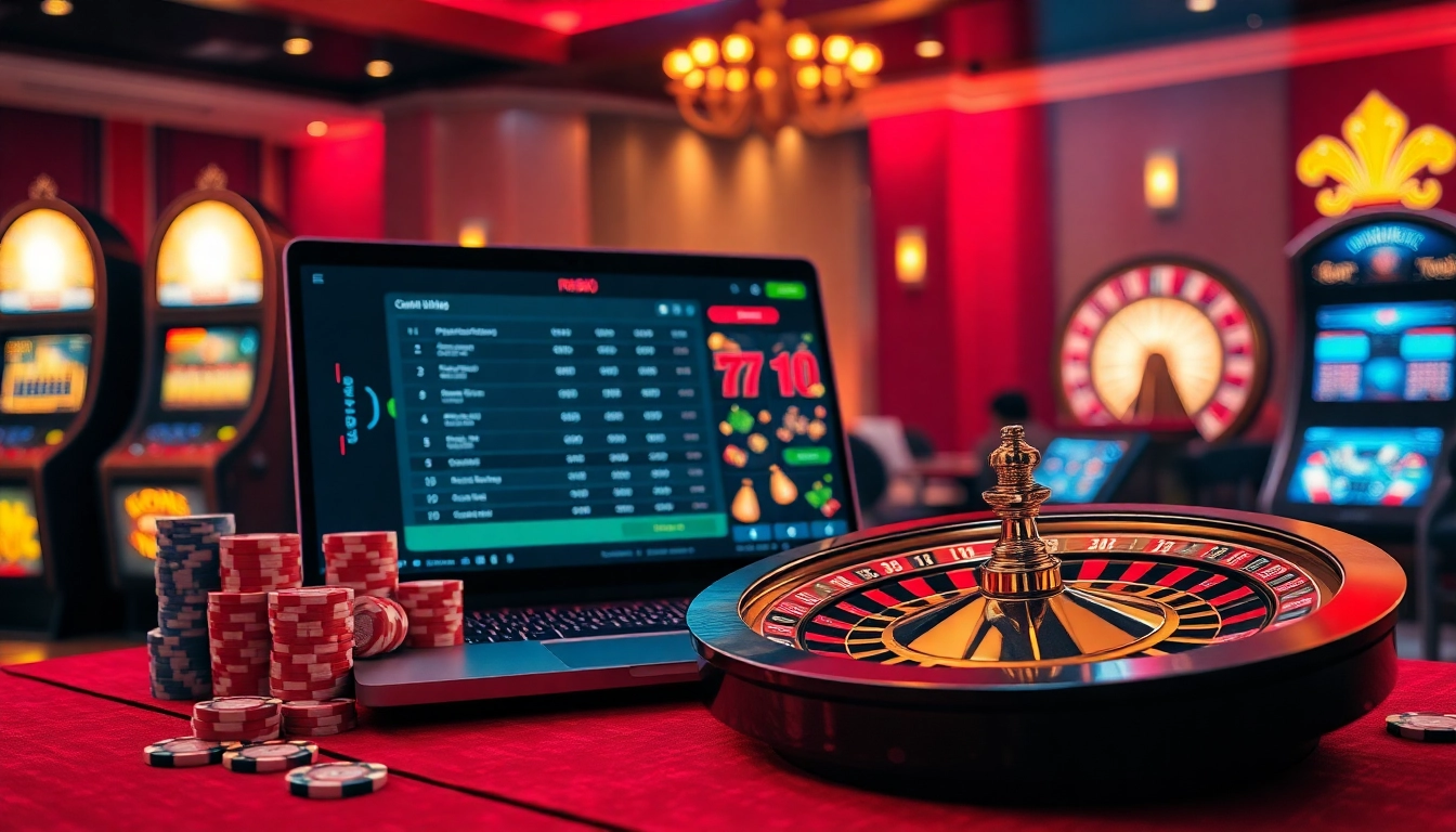 Experience the best of RR88 with vibrant online gambling elements featuring poker chips and slot machines.