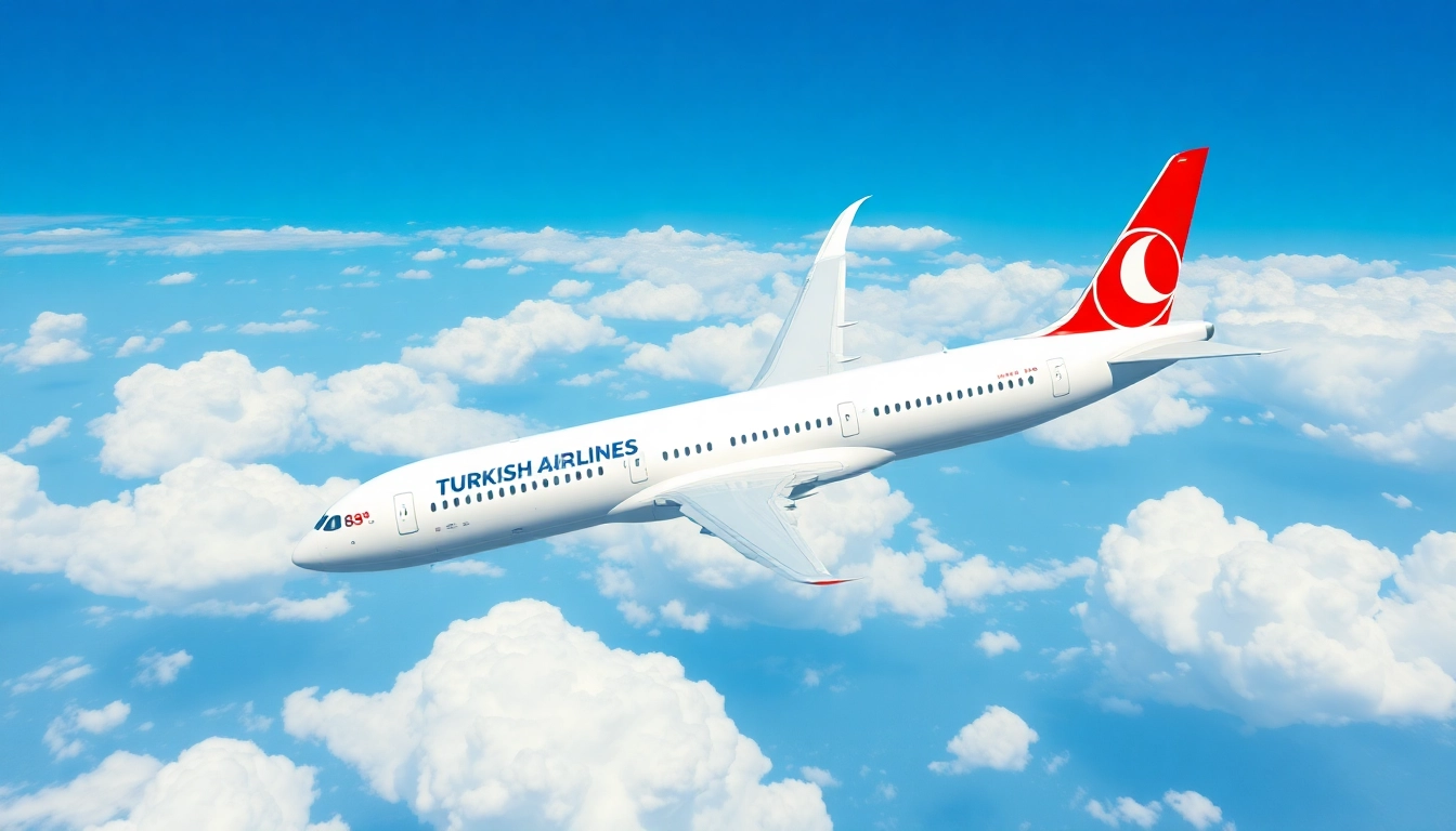 Turkish Airlines TK88 flight in a clear blue sky with clouds.