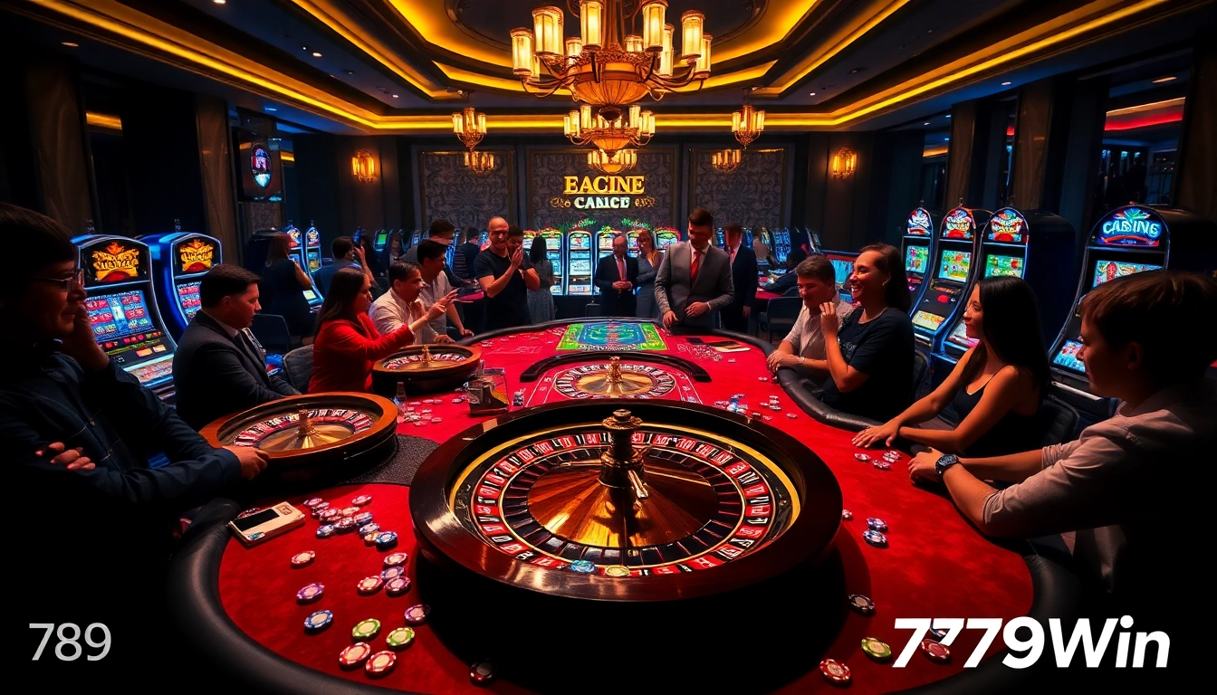 Play exciting casino games at 789Win with vibrant slot machines and roulette wheels in action.