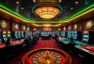Experience the excitement of winning at RR88 in a luxurious casino atmosphere full of vibrant gaming tables and slot machines.