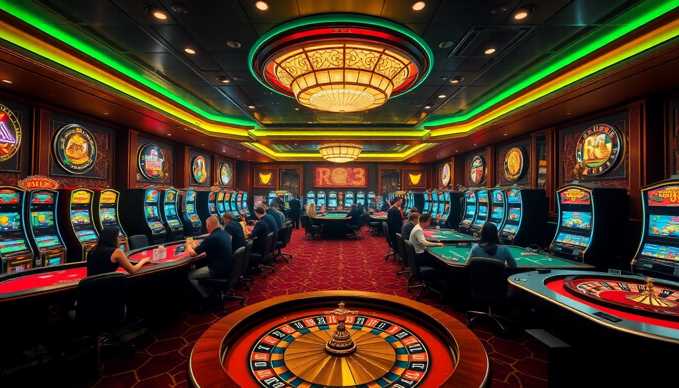 Experience the excitement of winning at RR88 in a luxurious casino atmosphere full of vibrant gaming tables and slot machines.