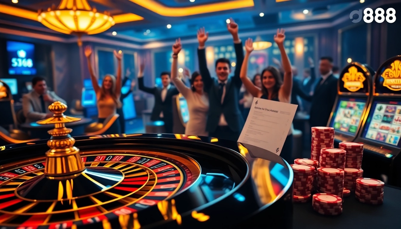 Engaging gambling scene with nhà cái go88 logo, featuring roulette wheel and slot machines