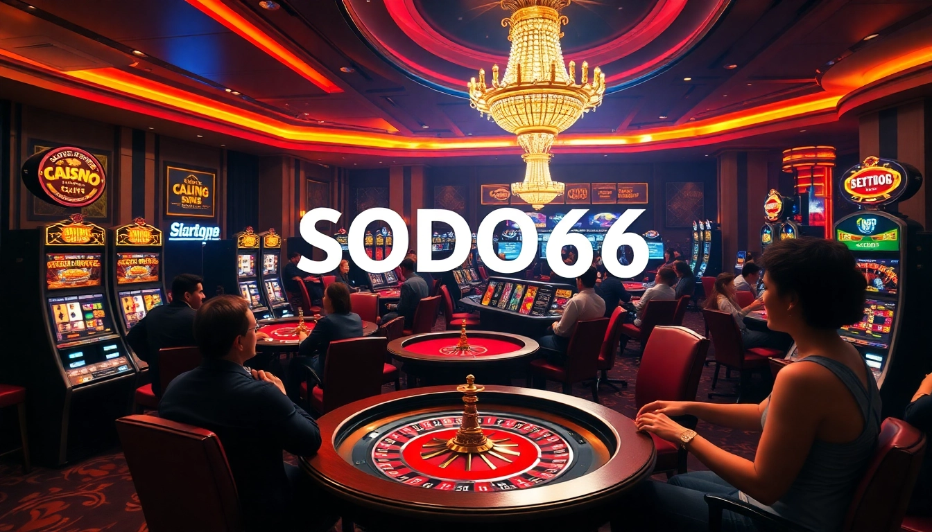 Exciting gambling experience at SODO66 with players at casino tables and slot machines.
