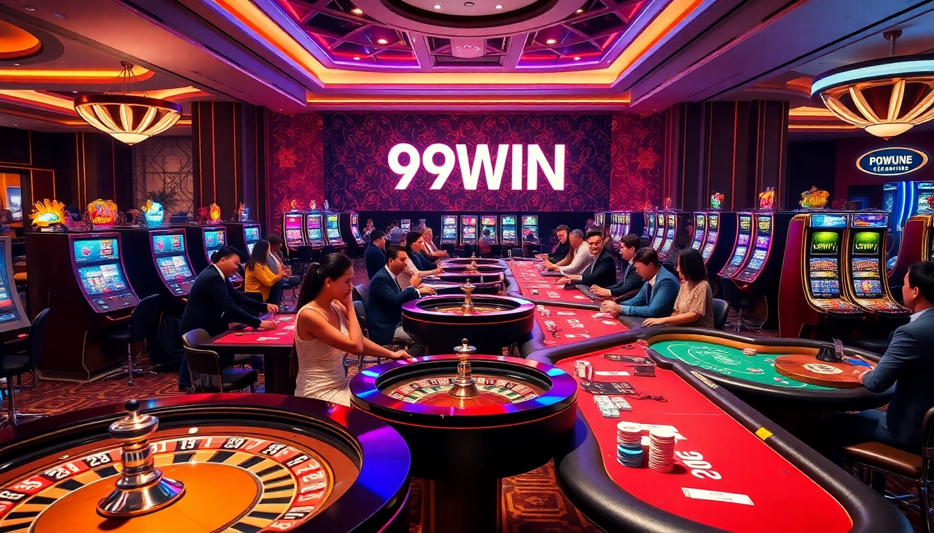 Engage in thrilling gambling at 99WIN's luxurious casino tables with vibrant betting slips and lively players.
