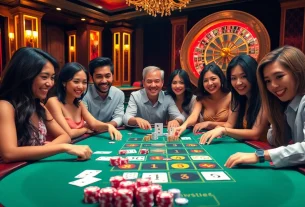 Situs toto gaming table vibrant with players, colorful chips, and thrilling casino atmosphere.